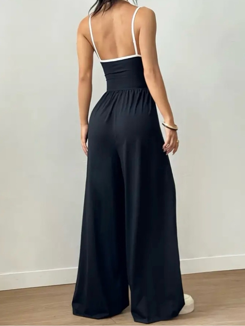 Black Wide-Leg Jumpsuit with Contrast Trim - Picture 2 of 3